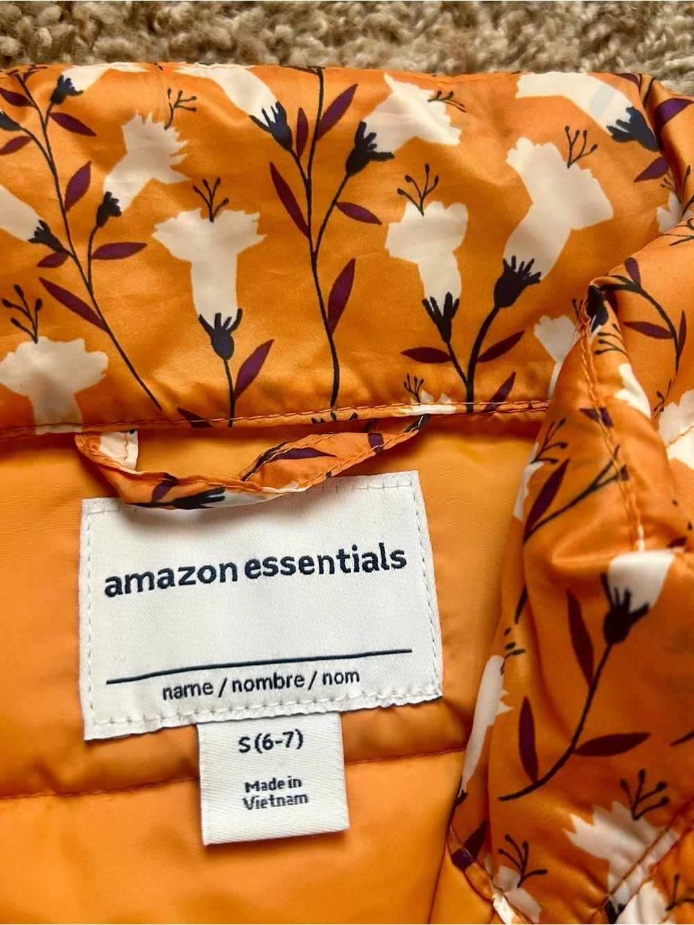Amazon Essentials Orange Floral Quilted Puffer Vest for Kids